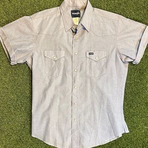 VTG 80’s Wrangler Men's Light Blue Linen Wheat Trim Casual Button Down Shirt